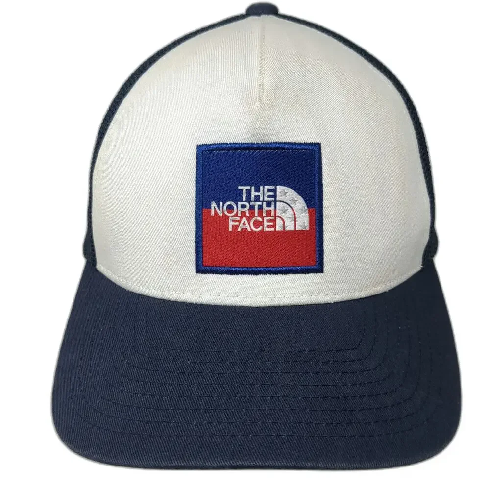 The North Face Trucker Hat Blue One Size White Red Mesh Back Snapback Logo Patch
